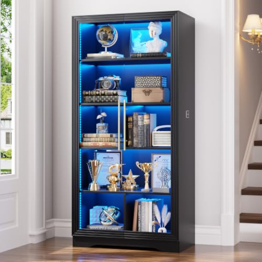 Bookcase Wood Shelf - Bookcase with Glass Doors and LED