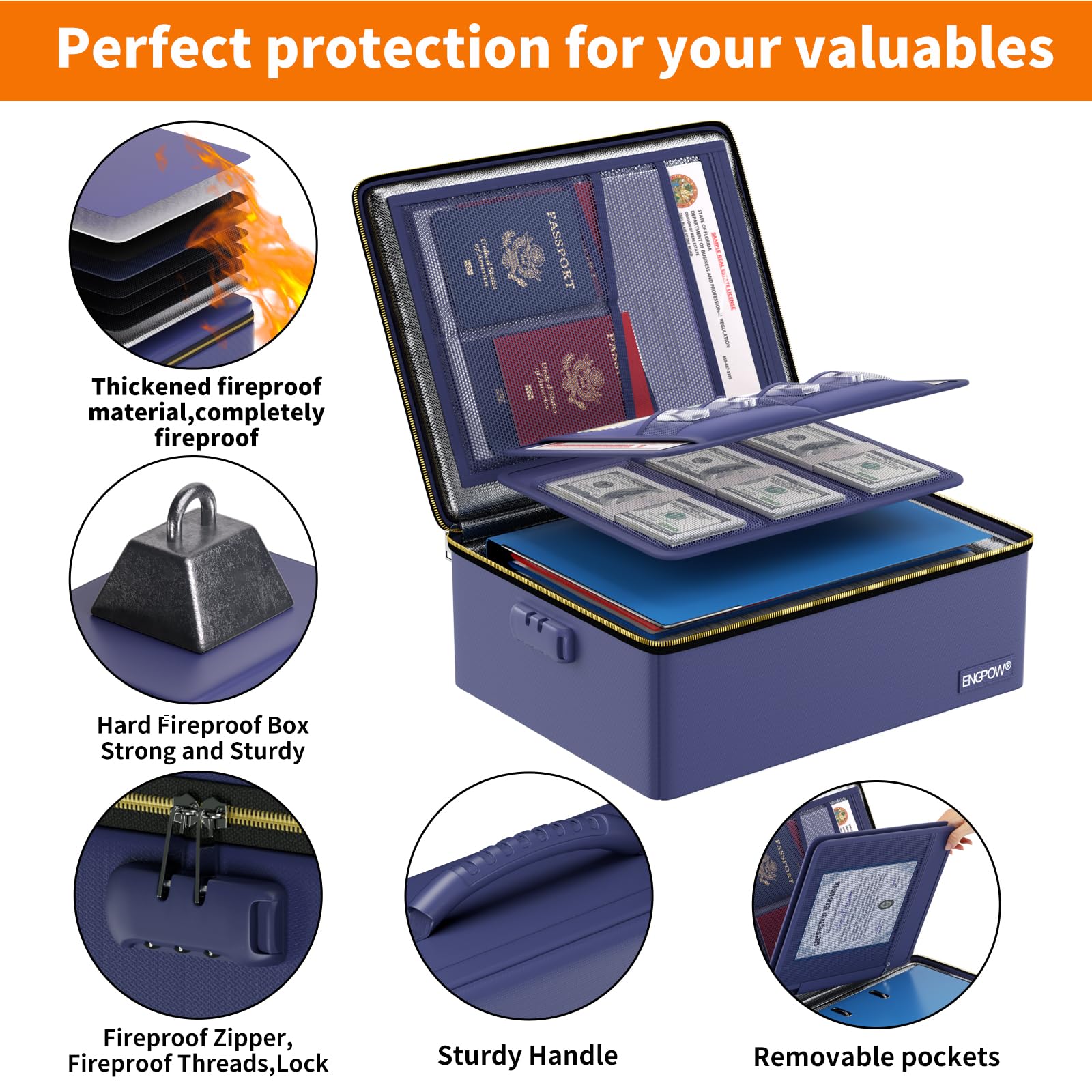 Home Office Travel Document - Back-to-School Fireproof Document Organizer; Hard-Sided Storage