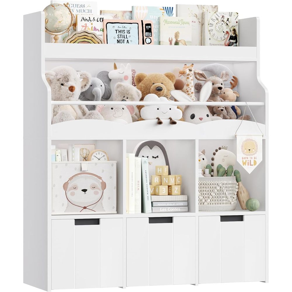 Bookcase Wood Shelf - Kids Toy Storage Organizer with Bookshelf,