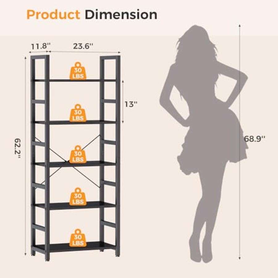 5-Tier Bookshelf, Modern Tall  - Bookcase Wood Shelf review and price