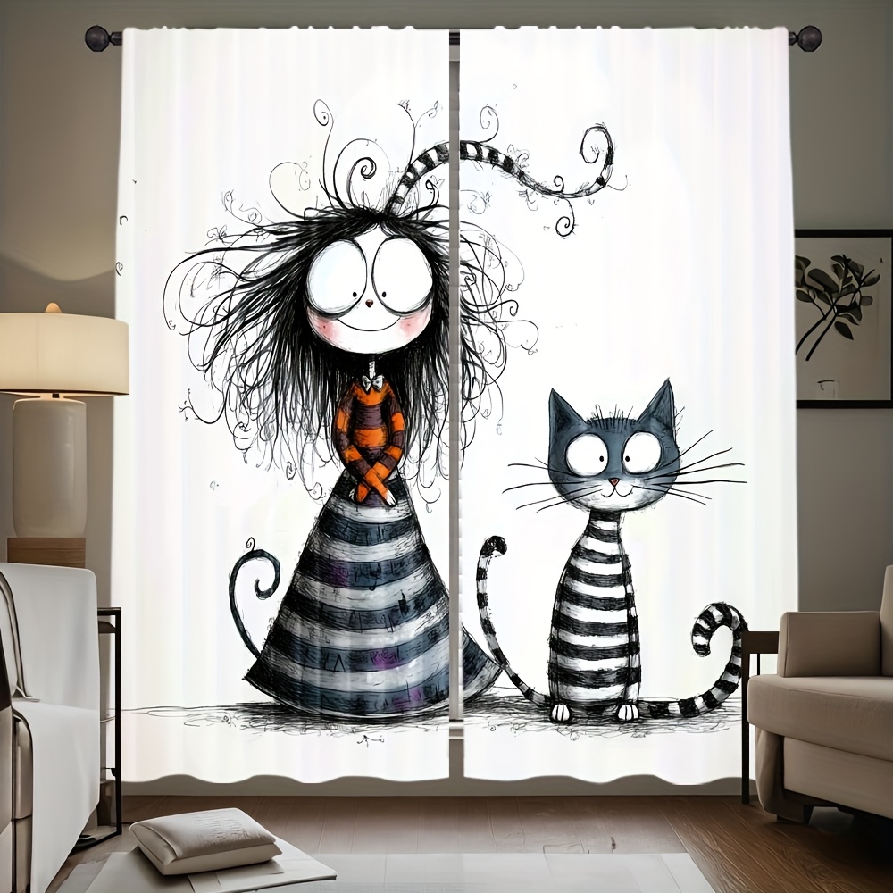 2pcs Gothic Girl and Cat Curta - Home Office Tim review and price