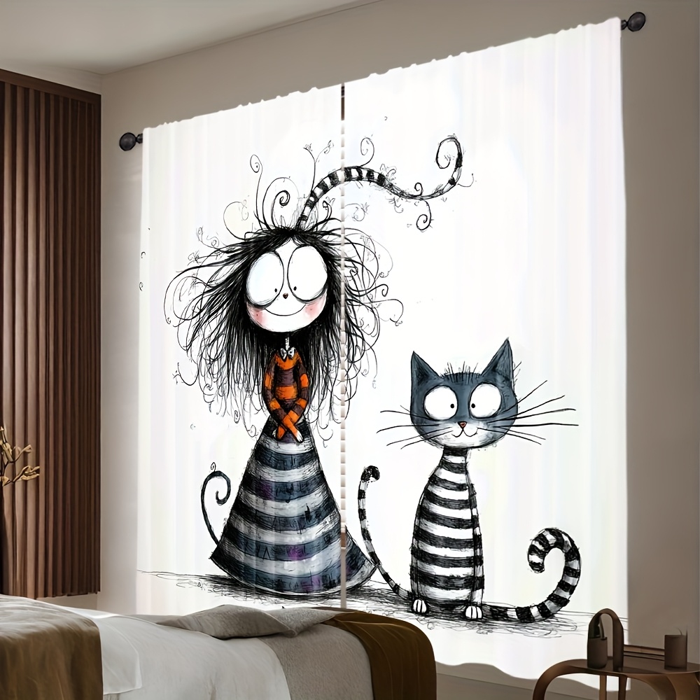 2pcs Gothic Girl and Cat Curta - Home Office Tim review and price