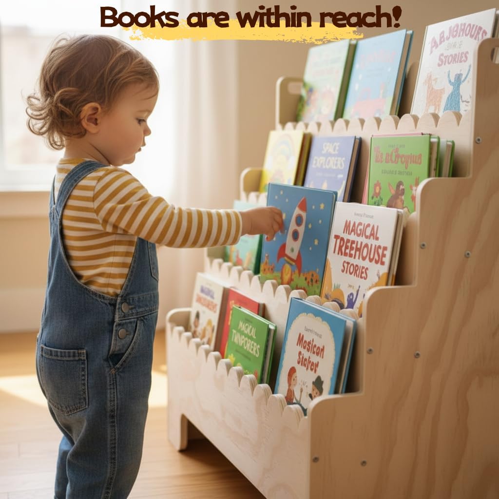 Kids Bookshelf 4-Tier, Natural - Bookcase Wood Shelf review and price