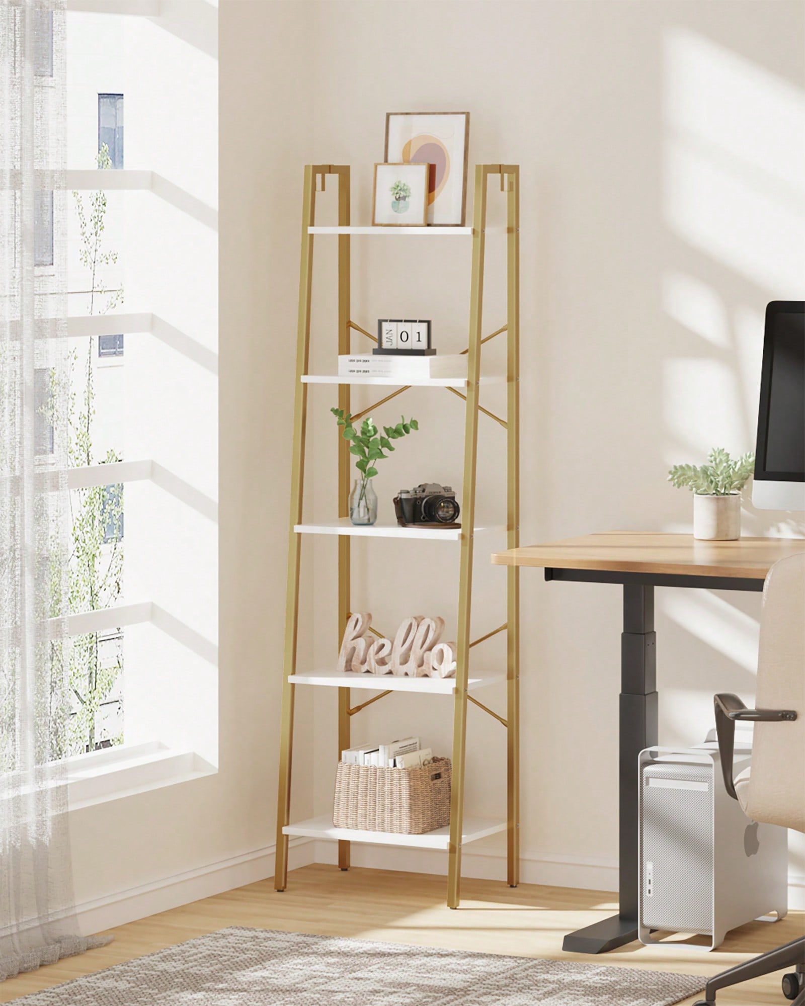 5 Tier Ladder Shelf Modern Gla - Bookcase Wood Shelf review and price