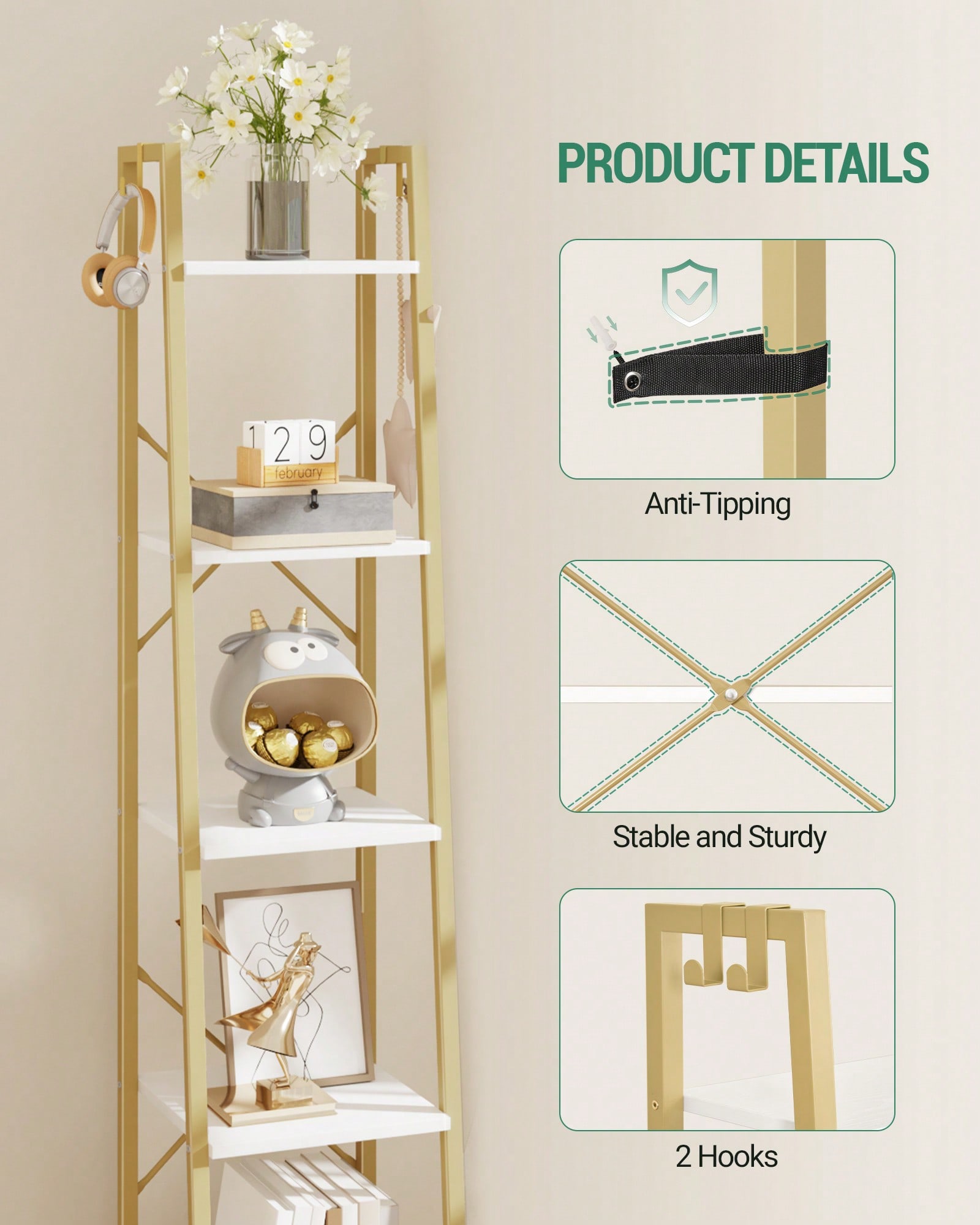 5 Tier Ladder Shelf Modern Gla - Bookcase Wood Shelf review and price
